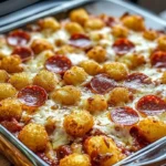 Delicious Tater Tot Pizza Casserole topped with cheese and pepperoni