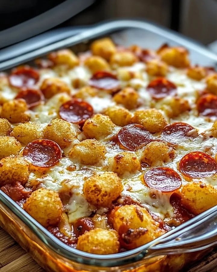 Delicious Tater Tot Pizza Casserole topped with cheese and pepperoni