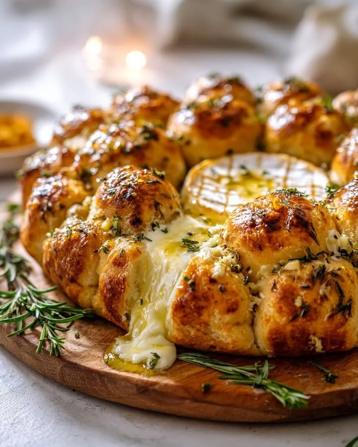 Tear & Share Focaccia Wreath adorned with molten camembert cheese.