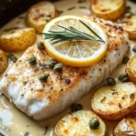 Tender baked cod with Yukon potatoes in creamy rosemary and lemon sauce.