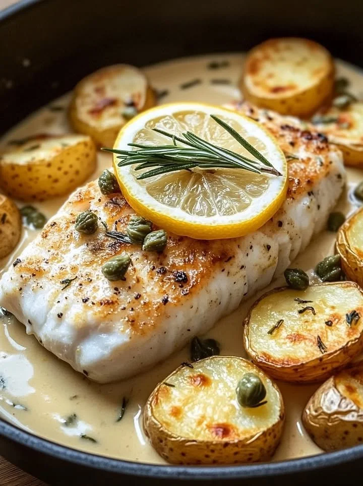 Tender baked cod with Yukon potatoes in creamy rosemary and lemon sauce.