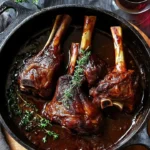 Delicious tender braised lamb shanks served with vegetables