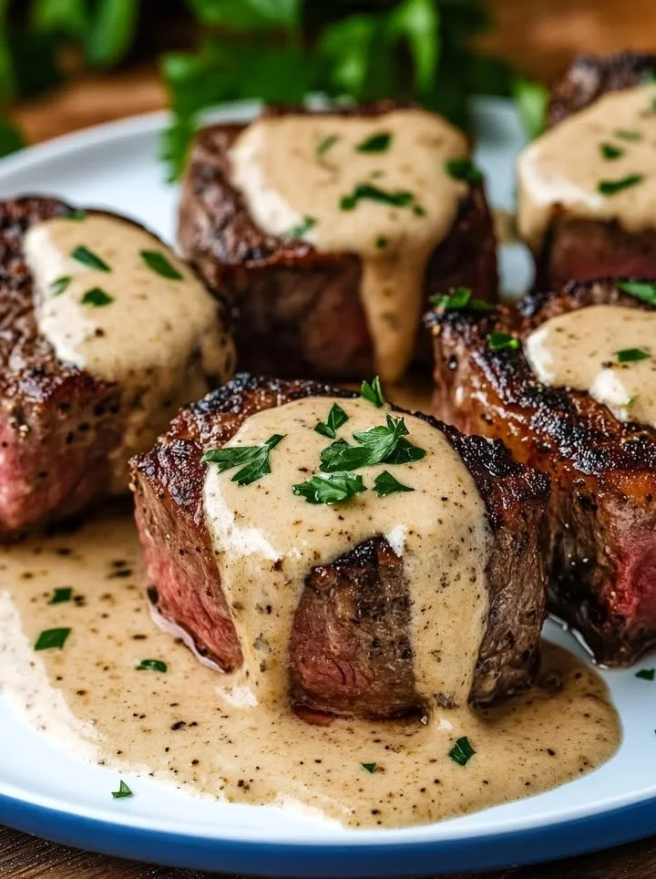 Tender steak bites coated in creamy Parmesan sauce on a plate.