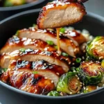 Delicious teriyaki chicken bowl with crispy Brussels sprouts