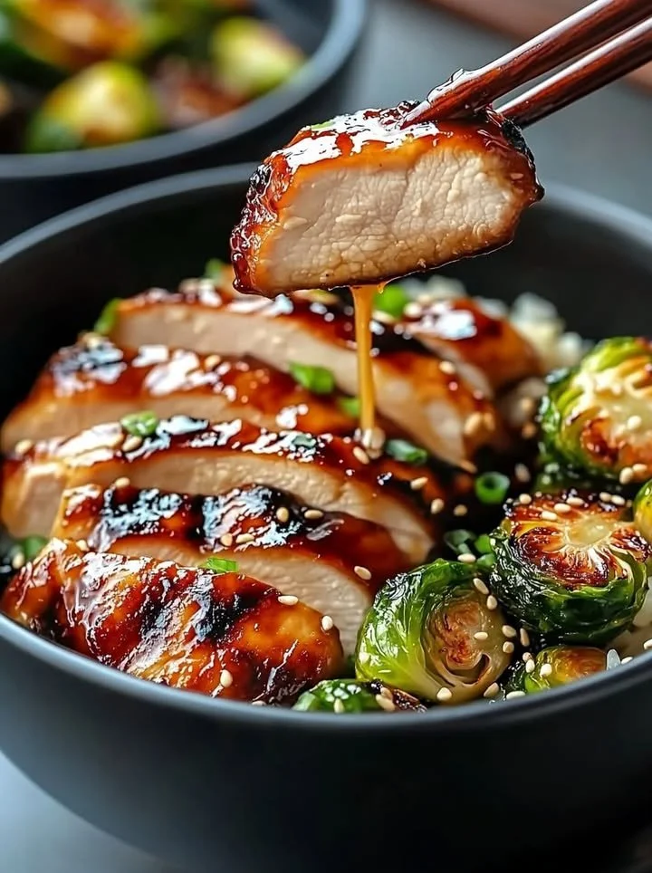 Delicious teriyaki chicken bowl with crispy Brussels sprouts