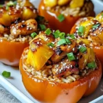 Teriyaki pineapple chicken and rice stuffed peppers displayed on a plate.