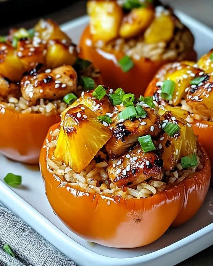 Teriyaki pineapple chicken and rice stuffed peppers displayed on a plate.