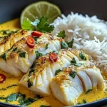 Delicious Thai Coconut Lemongrass Fish Stew served with jasmine rice.