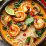 A bowl of Thai Shrimp Coconut Noodle Soup with shrimp, noodles, and coconut milk