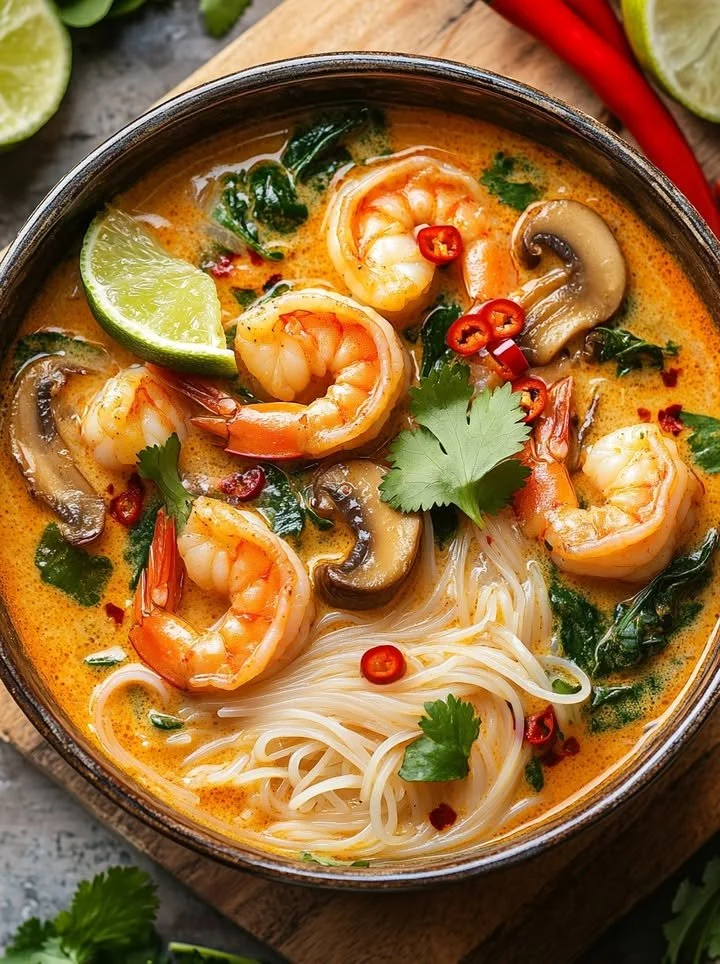 A bowl of Thai Shrimp Coconut Noodle Soup with shrimp, noodles, and coconut milk