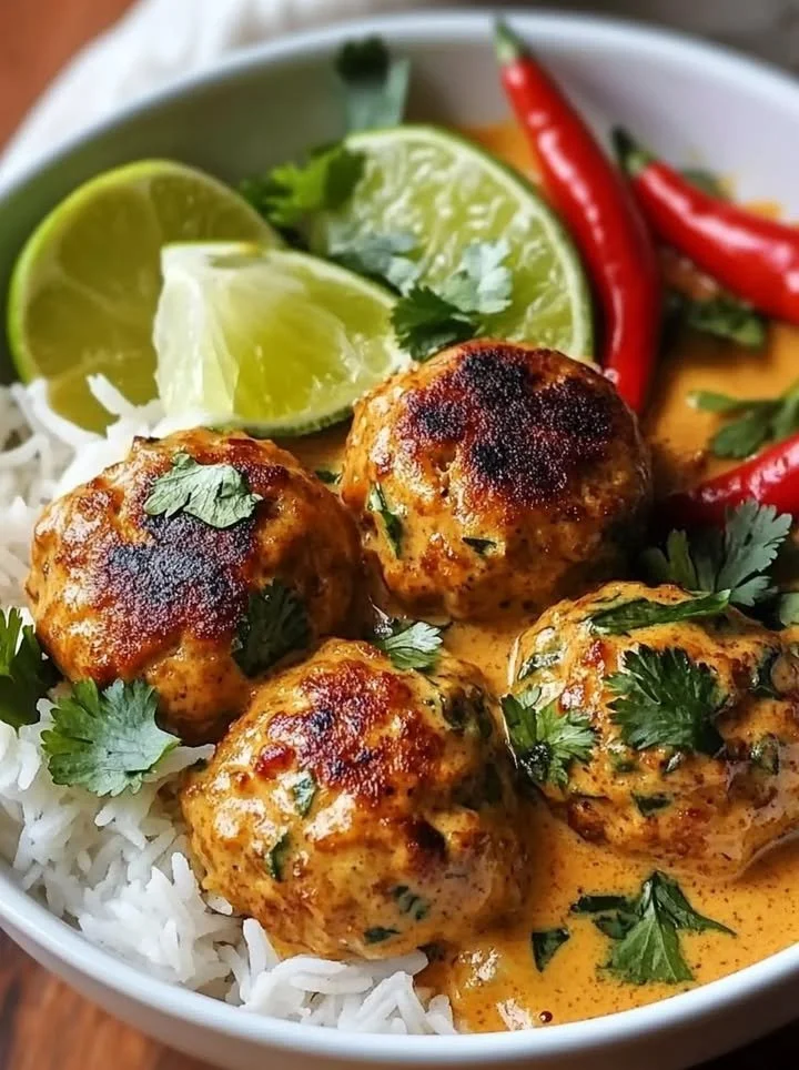 Delicious Thai spiced chicken meatballs in creamy coconut curry sauce
