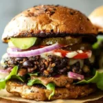 Delicious homemade black bean burgers served on a wooden plate