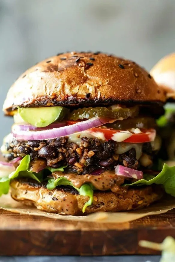 Delicious homemade black bean burgers served on a wooden plate