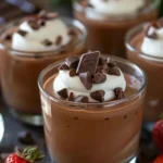 Delicious homemade chocolate pudding topped with whipped cream.