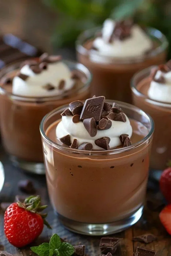 Delicious homemade chocolate pudding topped with whipped cream.
