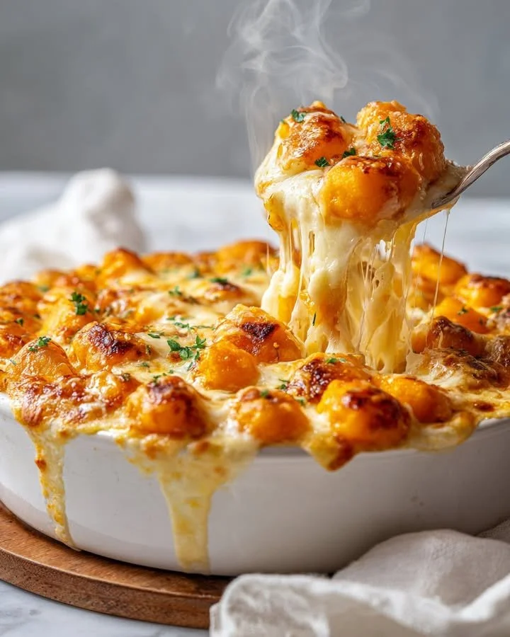 Delicious baked gnocchi gratin sprinkled with cheese and herbs