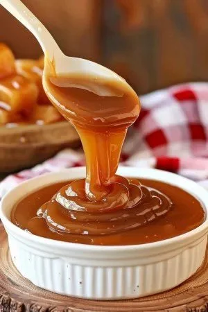 A jar of rich homemade caramel sauce drizzled with chocolate and sea salt.