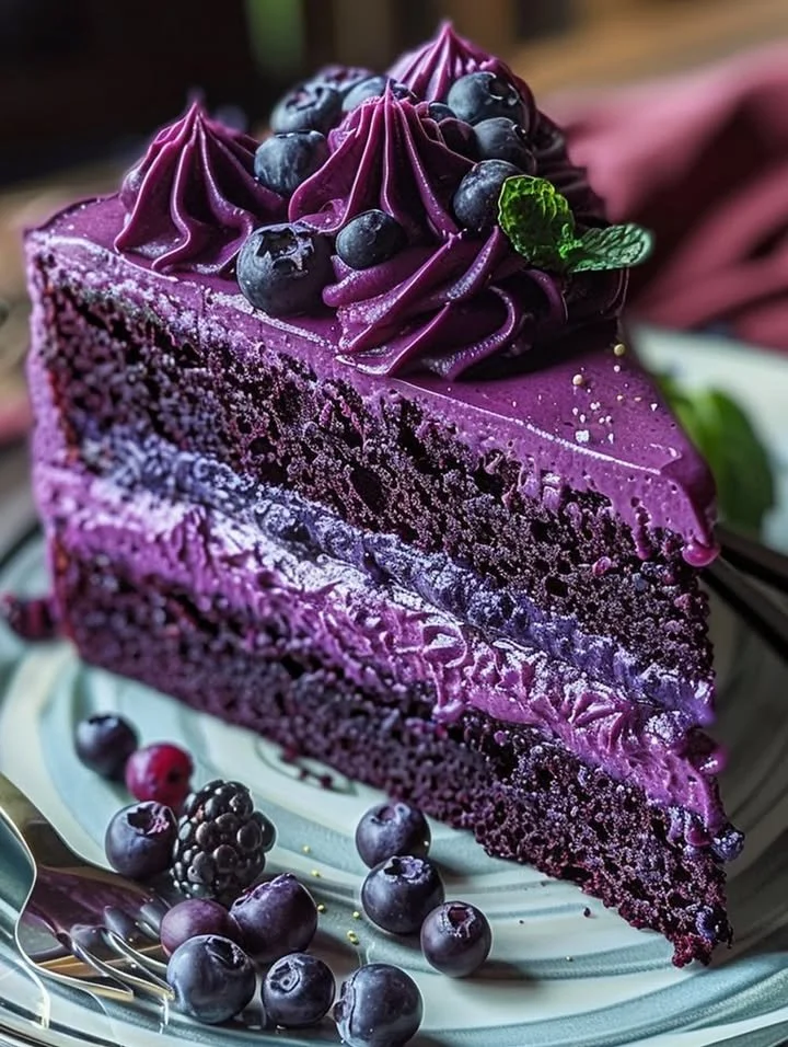 A beautifully decorated purple velvet cake on a white plate with flowers.