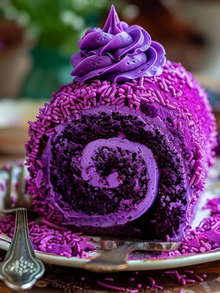 Delicious purple velvet cake roll with cream cheese filling on a rustic background