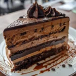 A decadent slice of coffee mousse cake topped with cocoa and coffee beans