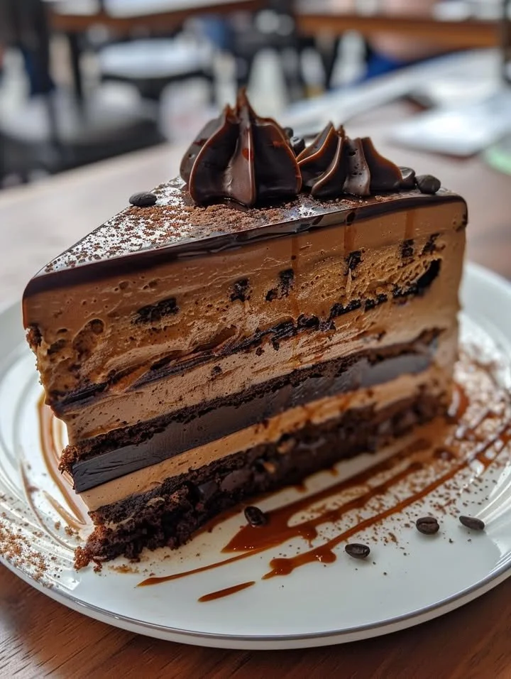 A decadent slice of coffee mousse cake topped with cocoa and coffee beans