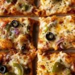 Thick-crust sheet pan veggie pizza topped with fresh vegetables and cheese