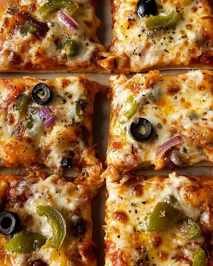 Thick-crust sheet pan veggie pizza topped with fresh vegetables and cheese