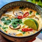 Bowl of Tom Kha Gai soup with chicken, coconut milk, and herbs