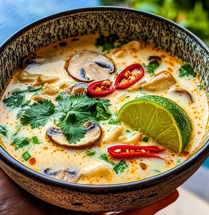 Bowl of Tom Kha Gai soup with chicken, coconut milk, and herbs