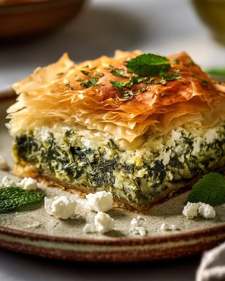 Traditional Greek Spinach Pie filled with feta and fresh herbs