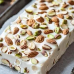 Traditional Italian Torrone with nuts, a soft white nougat delicacy