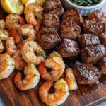 Savory steak bites and shrimp dish served hot and garnished