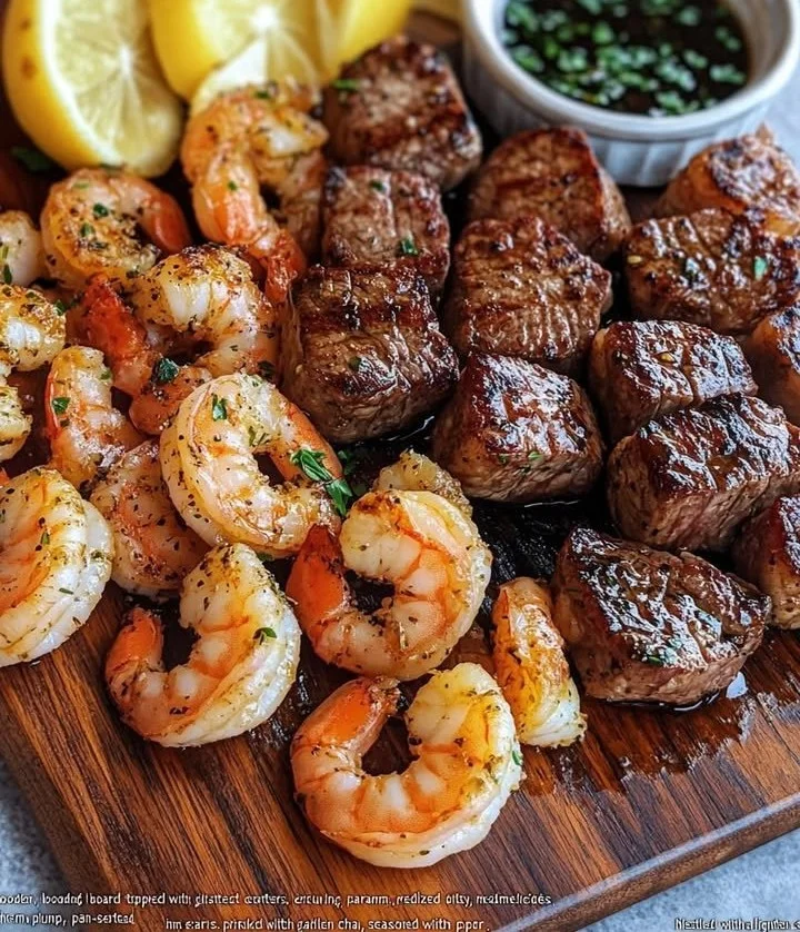 Savory steak bites and shrimp dish served hot and garnished