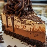 Delicious triple chocolate cheesecake topped with chocolate shavings