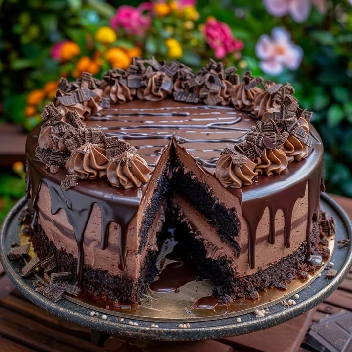 Delicious triple chocolate cheesecake topped with rich chocolate ganache and shavings