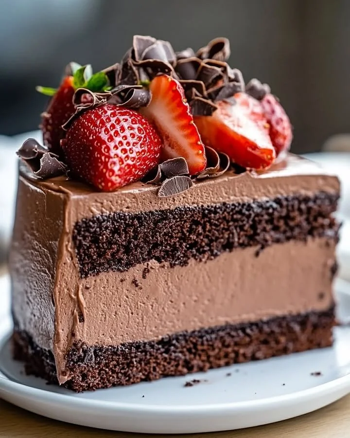Delicious triple chocolate mousse cake with layers of rich chocolate.