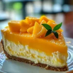 Tropical Paradise Mango Cheesecake topped with fresh mango slices and whipped cream