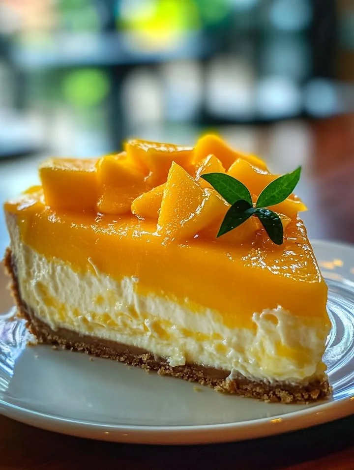 Tropical Paradise Mango Cheesecake topped with fresh mango slices and whipped cream