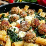 Turkey & ricotta meatballs served with garlic spinach rigatoni pasta.