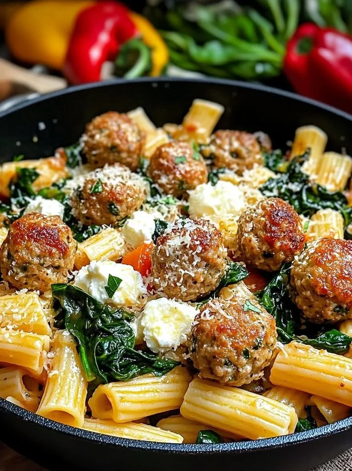 Turkey & ricotta meatballs served with garlic spinach rigatoni pasta.