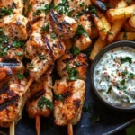 Tzatziki chicken skewers served with crispy herb feta fries on a plate