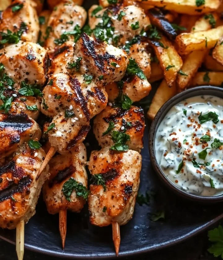 Tzatziki chicken skewers served with crispy herb feta fries on a plate