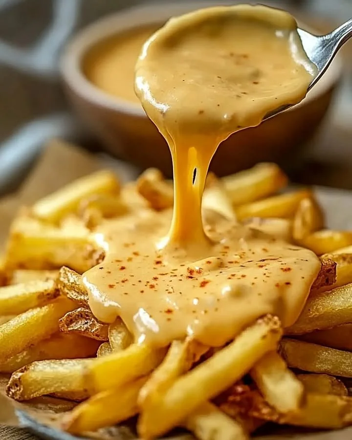 Bowl of ultimate cheese sauce for fries, creamy and delicious.