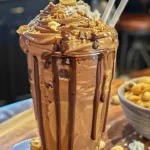 Decadent chocolate peanut butter shake with whipped cream and chocolate drizzle