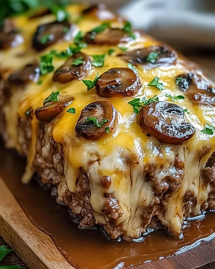 Ultimate Mushroom Swiss Cheese Meatloaf served with sides
