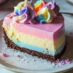 A vibrant slice of Unicorn Fudge Cheesecake with colorful swirls and toppings.