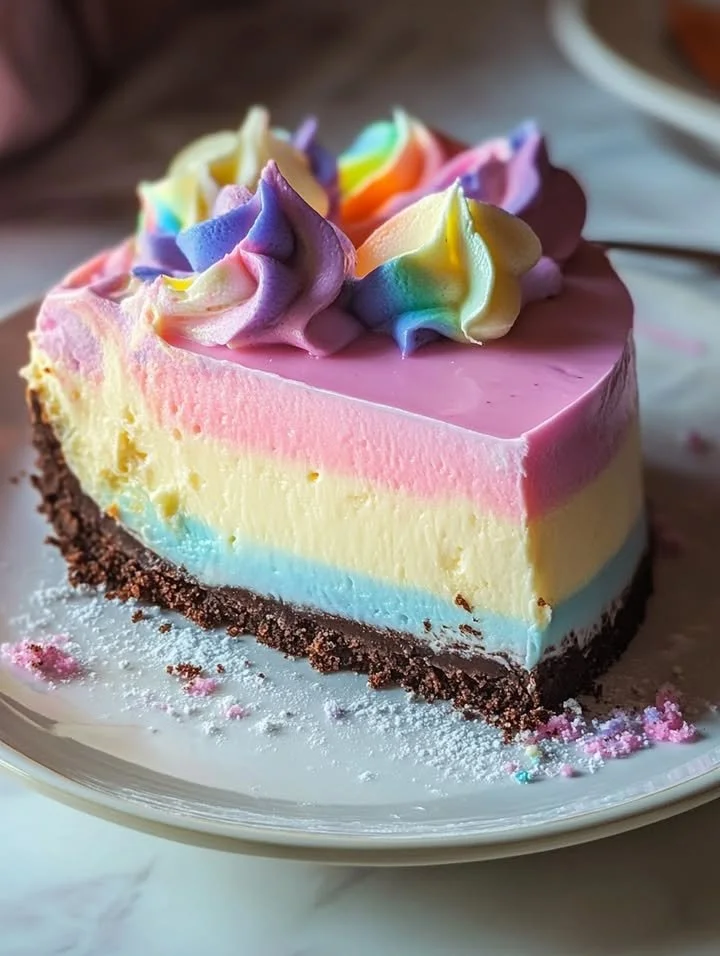 A vibrant slice of Unicorn Fudge Cheesecake with colorful swirls and toppings.