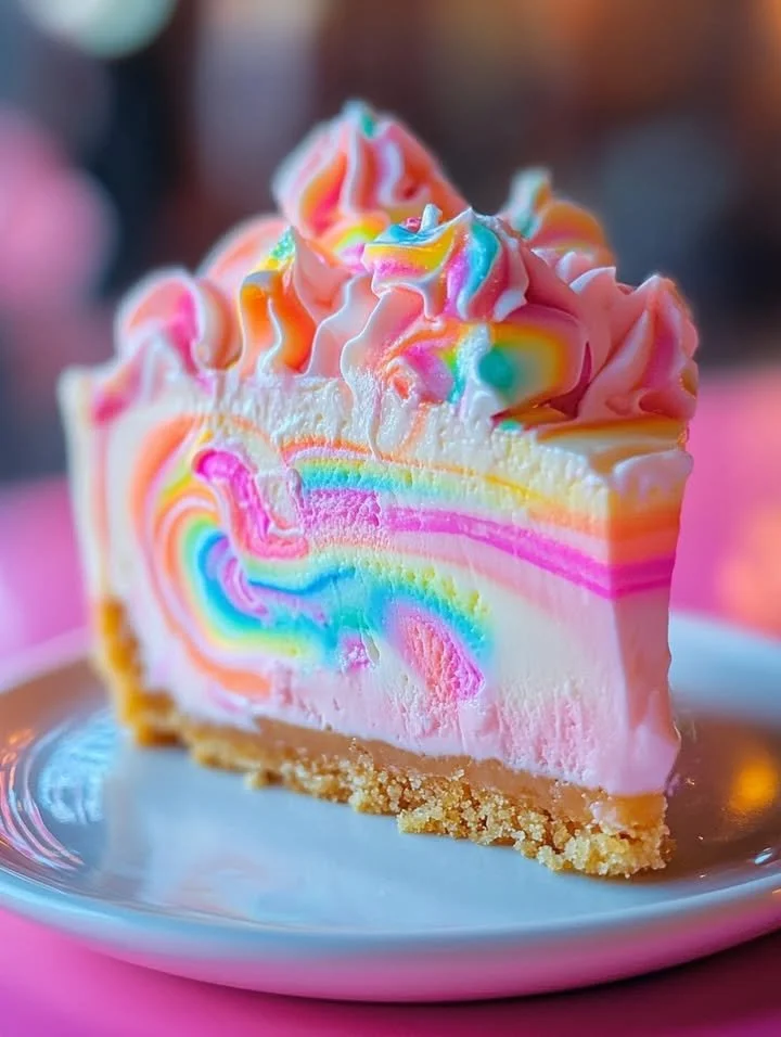 Vibrant Unicorn Marshmallow Swirl Cheesecake topped with colorful decorations