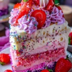 Colorful Unicorn No-Bake Strawberry Split Cake with layers of strawberries and cream