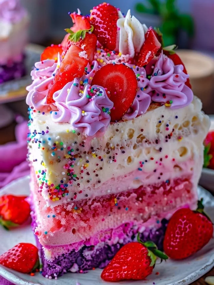 Colorful Unicorn No-Bake Strawberry Split Cake with layers of strawberries and cream